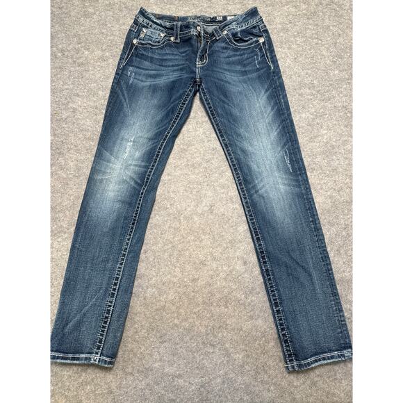 Miss Me JP536054 Skinny Jeans Women’s 31 Distressed Embellished Fleur-de-Lis - Picture 2 of 8